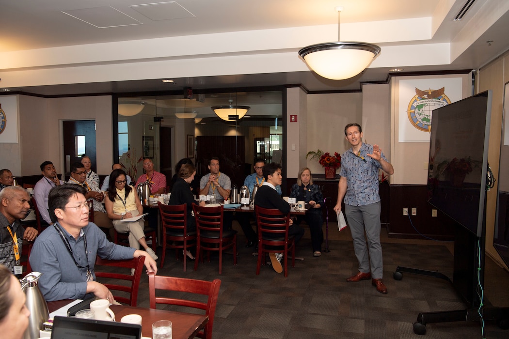 Brett Blackshaw, foreign policy advisor for U.S. Pacific Fleet, spoke to 40 senior U.S. and international military and civilian officials at USINDOPACOM headquarters on Camp H.M. Smith in Honolulu for the Daniel K. Inouye Asia-Pacific Center for Security Studies’ Transnational Security Cooperation Course 25-1, July 16, 2025.