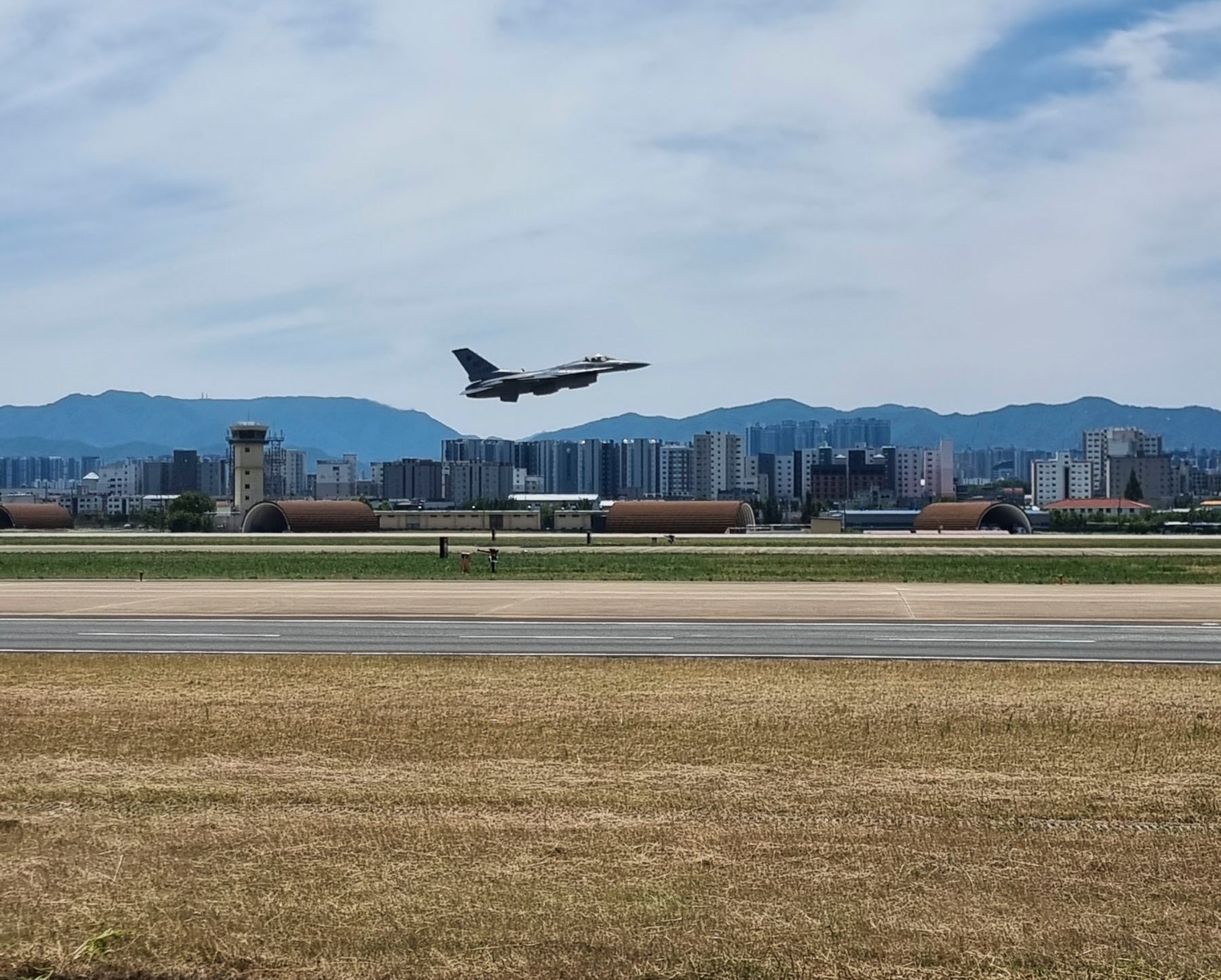 An F-16 Fighting Falcon aircraft assigned to the 8th Fighter Wing takes off at Daegu Air Base, Republic of Korea, June 11, 2025. This aircraft was flown to DAB by Col. Kathryn “Wolf” Gaetke, 8th FW commander, where Republic of Korea Air Force maintainers from the 38th Fighter Group serviced the aircraft. (U.S. Air Force courtesy photo.)