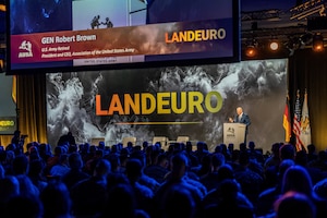 Leaders participate in the LANDEURO Conference in Wiesbaden, Germany, July 16, 2025. LANDEURO brings together industry and Allies to shape and accelerate industrial resilience, strengthening NATO’s force posture and reinforcing global deterrence. LANDEURO is the launchpad, and USAREUR-AF is the test bed for joint transformation. (Staff Sgt. Samuel Kim )