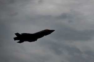 A U.S. Air Force F-35 Lighting II flies during exercise Resolute Force Pacific (REFORPAC) 2025 at Misawa Air Base, Japan, July 15, 2025. REFORPAC is part of the first-in-a-generation Department-Level Exercise series, employing more than 400 Joint and coalition aircraft and more than 12,000 members at more than 50 locations across 3,000 miles. (U.S. Air Force photo by Senior Airman Brittany Russell)
