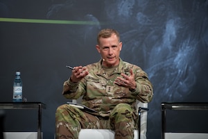 Dr. John Nagl, professor of warfighting studies at the U.S. Army War College, Lt. Gen. Curtis Buzzard, commander of U.S. Army Security Assistance Group-Ukraine and NATO Security Assistance and Training for Ukraine, Maximilian Froch, executive assistant to the CEO & president and senior vice president, head of Strategic Programs International at Rheinmetall AG, Ms. Oleksandra Azarkhina, co-founder of We Build Ukraine, Maj. Gen. Volodymyr Horbatiuk, Deputy Chief of the General Staff of the Armed Forces of Ukraine and Commander Robert Brovdi, commander of the Unmanned Systems Forces at the Armed Forces of Ukraine, discussed rapid adaptation, a critical component of modern warfare during the "Ukrainian Lessons in Rapid Adaptation" panel at LANDEURO conference in Wiesbaden, Germany, on 16 July, 2025.
The panelists explored how adopting rapid learning cycles and accelerated prototyping can enhance innovation and maintain a competitive edge across multinational formations.