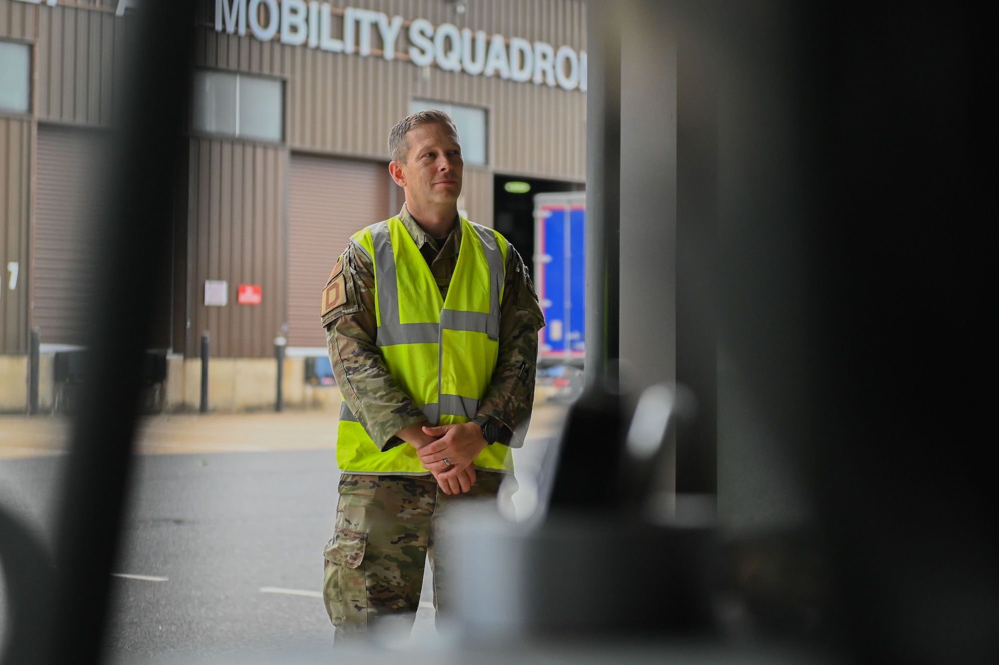 U.S. Air Force Col. Jonathan O’Dell, 100 Air Refueling Wing deputy commander, listens to a brief during cargo development functions walk through during the 100th Air Refueling Wing command team “Day in the Life” integration at RAF Mildenhall, England, July 15, 2025.
