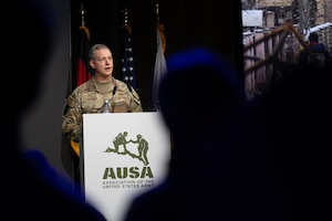 U.S. Air Force Gen. Alexus Grynkewich, Supreme Allied Commander, Europe and Commander of United States European Command, speaks to an audience of Allies and industry personnel during a Keynote Presentation at LANDEURO at the RheinMain CongressCenter in Wiesbaden, Germany, July 17, 2025. LANDEURO brings together industry and Allies to shape and accelerate industrial resilience, strengthening NATO’s force posture, and reinforcing global deterrence.  LANDEURO is the launchpad, and USAREUR-AF is the test bed for joint transformation. (U.S. Army photo by Sgt. 1st Class Christopher Osburn)