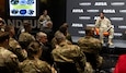 Warrant Officer 1 Harley Upham of the British Army, assigned as the command sergeant major of NATO’s Allied Rapid Reaction Corps, speaks during a senior enlisted leadership panel at LANDEURO’s Warriors Corner in Wiesbaden, Germany, July 16, 2025. Panelists addressed how NCOs can lead through transformation while reinforcing core warfighting skills and multinational cooperation across NATO formations. (U.S. Army photo by Sgt. Tyler Brock)