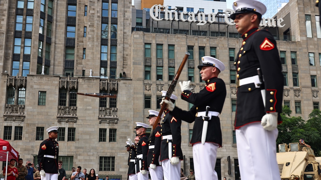 U.S. Marines with the United States Marine Corps Silent Drill Platoon execute their "double inspection" sequence as a part of a public performance in Chicago, July 11, 2025. Throughout the year, Marines across the globe celebrate the 250th birthday of the Corps, commemorating service, sacrifice, and priding themselves on living ‘Semper Fidelis’ or ‘Always Faithful’ to their nation and to each other. The Silent Drill Platoon supported various ceremonies in support of Marine Week Chicago.