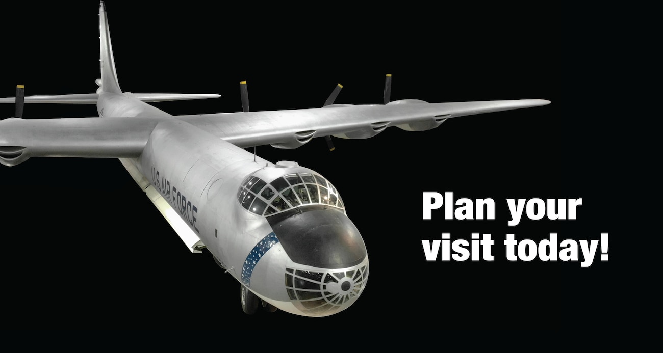 B-36 Bomber set against a black background with the words Plan your visit today