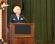 New 688th CW commander speaks to audience.