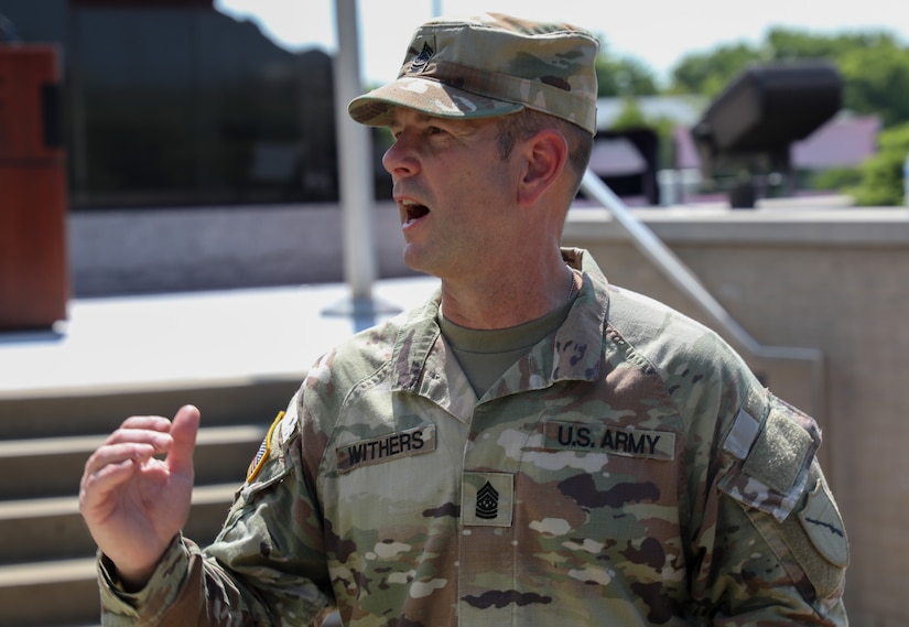 U.S. Army Command Sgt. Maj. Jesse Withers speaks during the celebration of the Kentucky National Guard's 233rd birthday, June 24, 2025, in Frankfort, Kentucky.