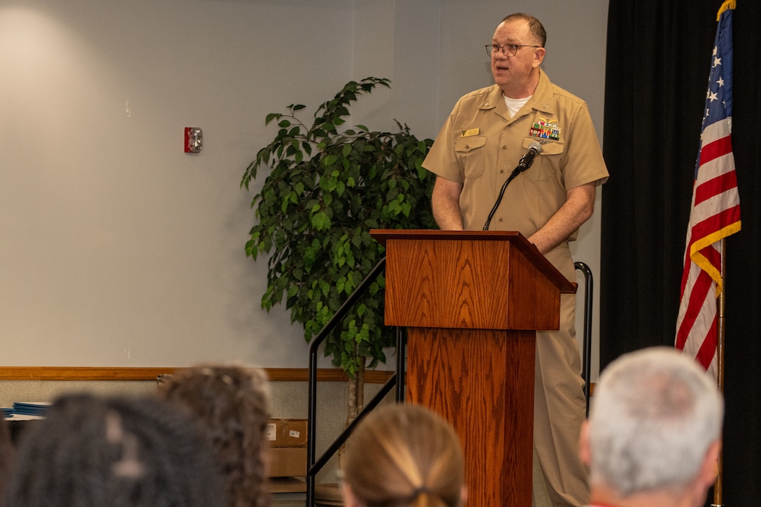 250711-N-DG679-1002
JACKSONVILLE, Fla. (July 11, 2025) Capt. Mike Freas, Fleet Readiness Center Southeast’s (FRCSE) executive officer, addresses the audience during FRCSE’s 2025 Trades Apprenticeship Program graduation ceremony at University of North Florida. During the ceremony, 26 apprentices graduated from the program. FRCSE’s apprenticeship program is a paid, four-year work study that provides benefits and the opportunity to learn a journeyman-level trade. (U.S. Navy Photo by Toiete Jackson)