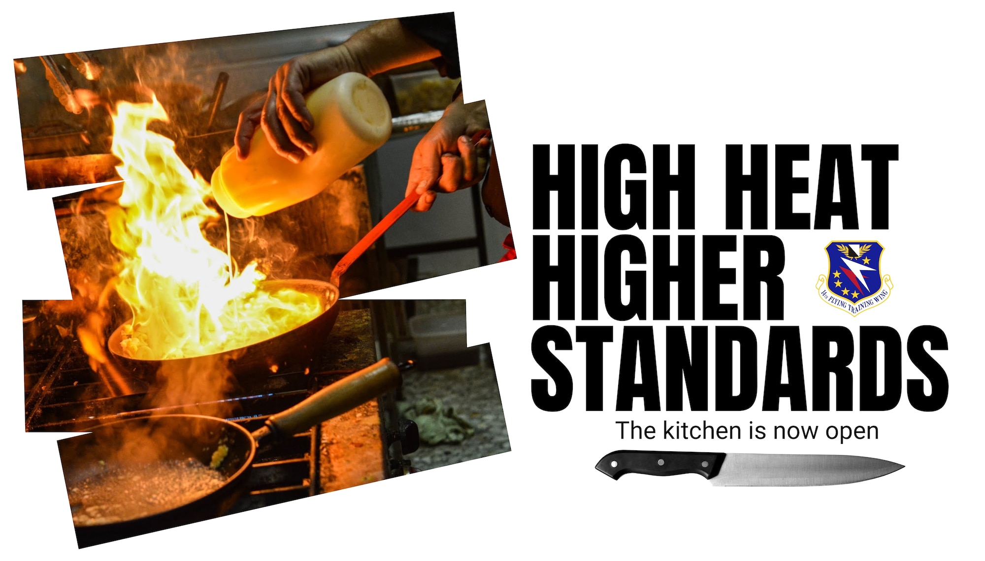 A fire engulfs a cooking pan inside a frame on white background with bold black text and a chef knife.