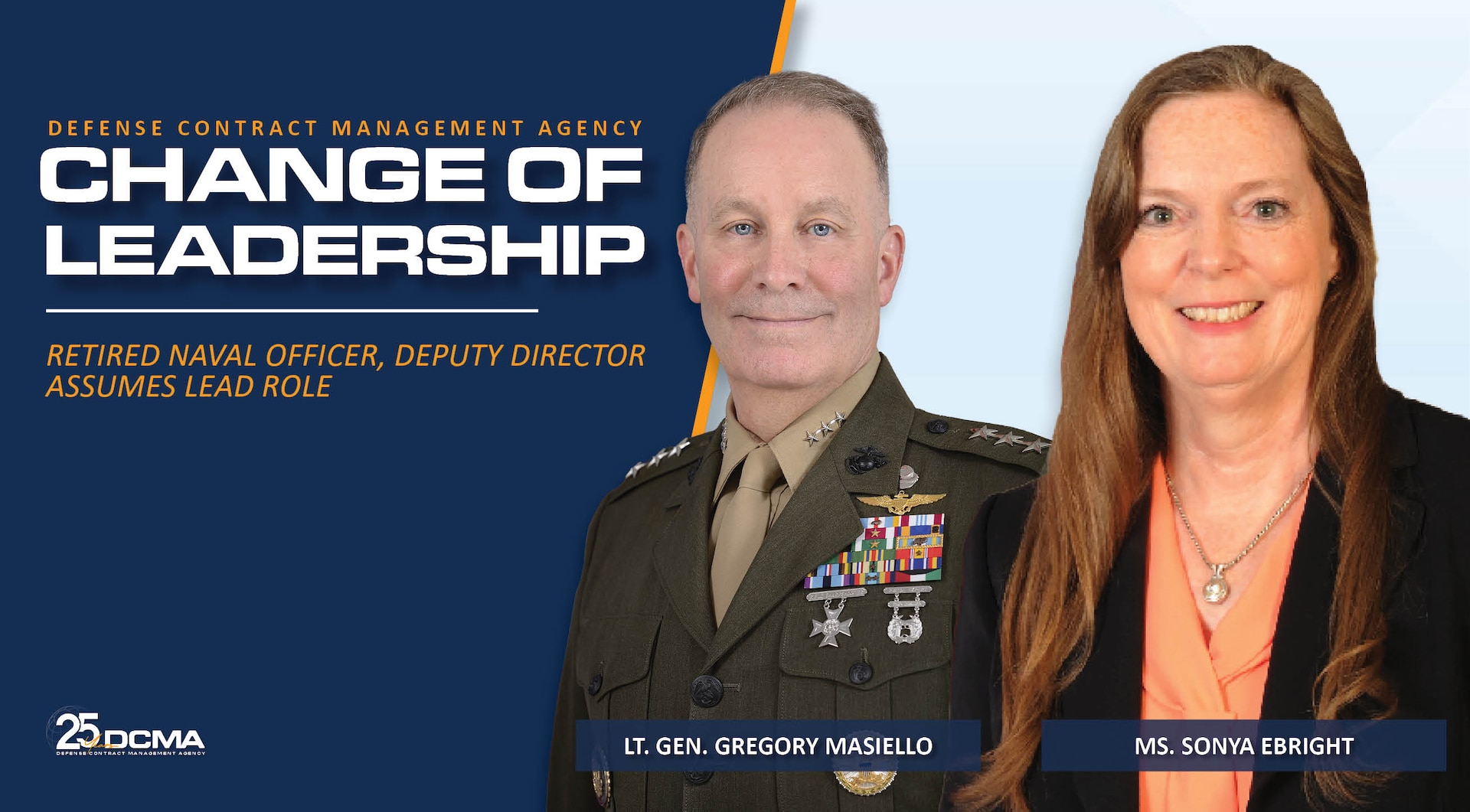 Change of Leadership graphic with pictures of Marine Corps Lt. Gen. Greg Masiello, the agency’s former director, and Sonya Ebright, DCMA's new acting director.