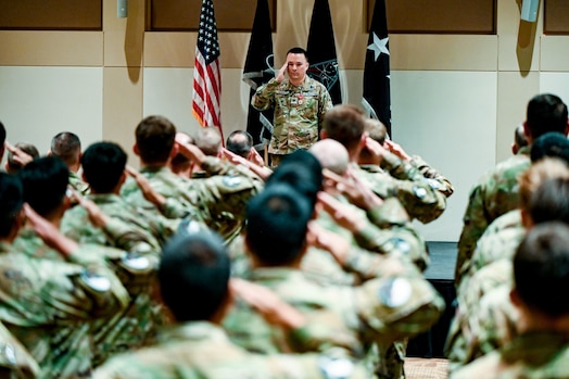  United States Space Force Col. Bobby Schmitt, outgoing commander of Mission Delta 4, recieves his final salute at a Change of Command ceremony at Buckley Space Force Base, Colo., July 15, 2025. Schmitt turned command of the U.S. Space Force's Missile Warning and Tracking unit over to U.S. Space Force Col. Aaron Cochran. (U.S. Space Force photo by Dave Grim)