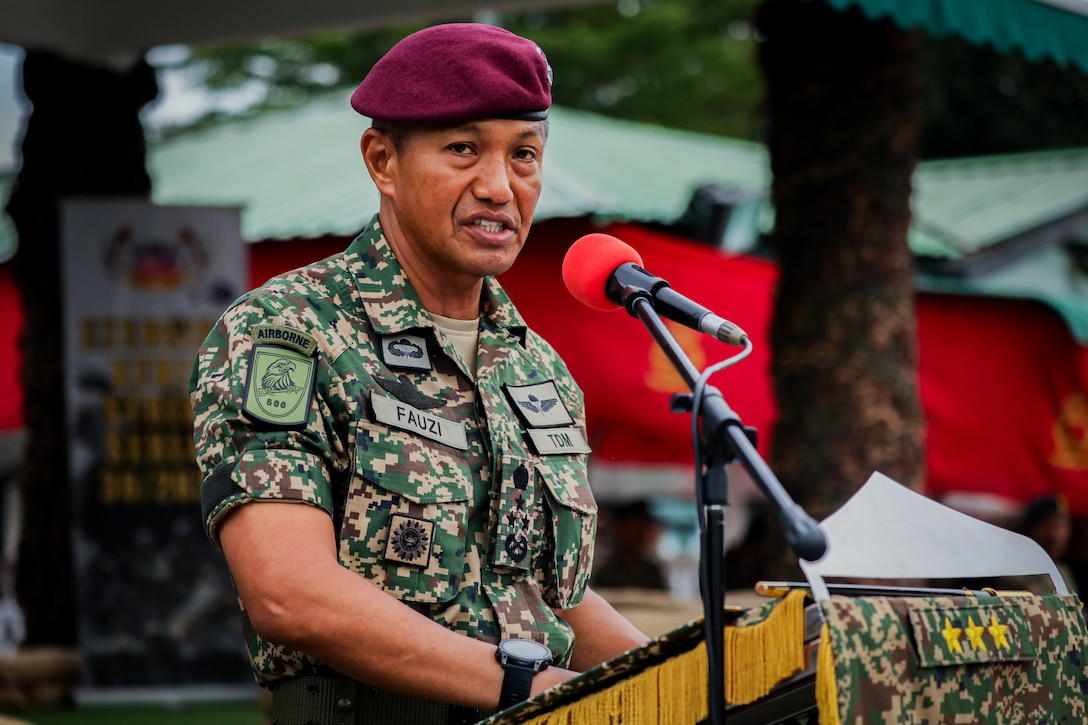Lt. Gen. Dato’ Tengku Muhammad Fauzi Tengku Ibrahim, deputy chief of the Malaysian Army, delivers opening remarks during the Exercise Keris Strike 25 opening ceremony, July 17, 2025, in Perak, Malaysia.