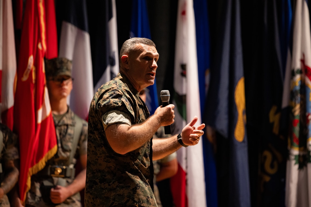 U.S. Marine Corps Brig. Gen. Ralph J. Rizzo Jr., commanding general, Marine Corps Installations East-Marine Corps Base Camp Lejeune, gives his remarks during a change of command ceremony at Marine Corps Air Station New River in Jacksonville, North Carolina, July 17, 2025. The ceremony represented the transfer of responsibility, authority and accountability from the outgoing to the incoming commanding officer. (U.S. Marine Corps photo by Cpl. Loriann Dauscher)