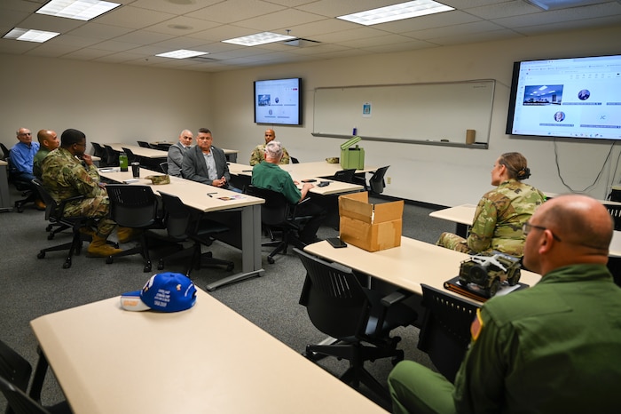 A panel of retired chief master sergeants shares leadership lessons with 433rd Airlift Wing senior enlisted leaders during a mentoring session following an informal ceremony at Joint Base San Antonio-Lackland, Texas, July 12, 2025.
