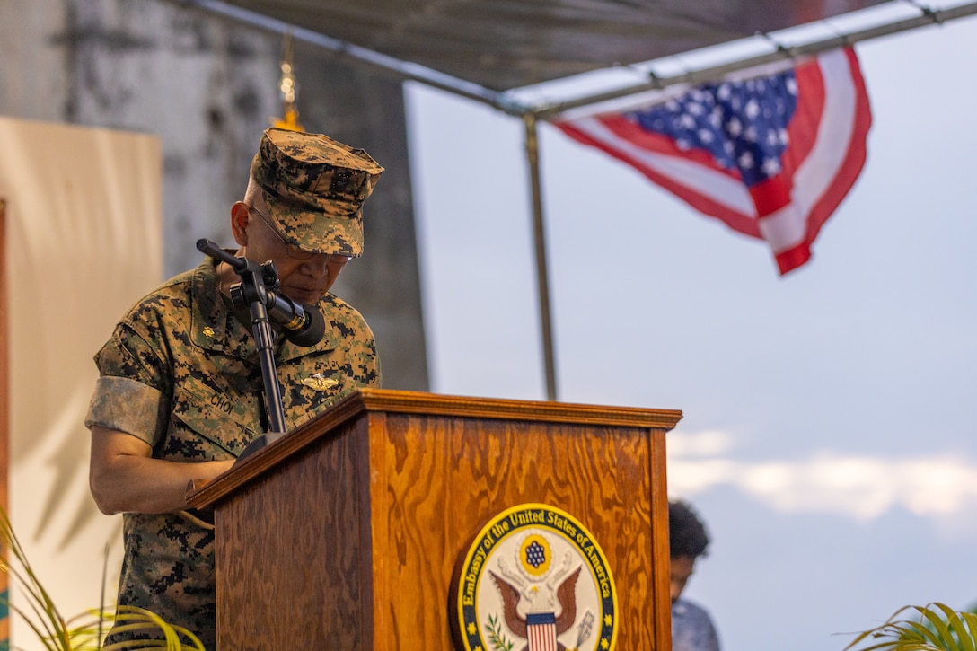 U.S. Navy Lt. Cmdr. Jin Choi, a Korea native and chaplain with Combat Logistics Battalion 15, Combat Logistics Regiment 17, 1st Marine Logistics Group, gives an opening prayer for an Independence Day ceremony hosted by the Republic of Palau’s United States Embassy during Koa Moana 25 in Palau, July 14, 2025.