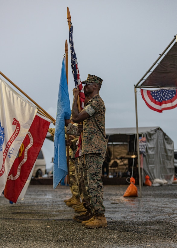 U.S. Marine Corps Sgt. Joshua Barclay, a Michigan native and supply chain manager with Combat Logistics Battalion 15, Combat Logistics Regiment 17, 1st Marine Logistics Group, leads a joint service color guard during an Independence Day ceremony hosted by the Republic of Palau’s United States Embassy during Koa Moana 25 in Palau, July 14, 2025.