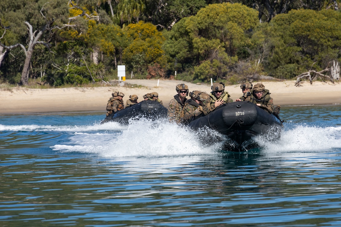 U.S. Marines with Baker Company, Battalion Landing Team 1st Battalion, 7th Marine Regiment, 31st Marine Expeditionary Unit, conduct shore-to-ship movement utilizing the Enhanced Combat Rubber Reconnaissance Craft as a part of exercise Talisman Sabre 25, in the Coral Sea, July 14, 2025.