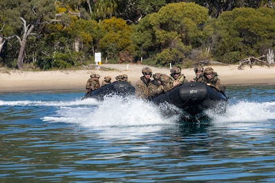 AUSTRALIA (July 17, 2025) — U.S. Marines with Baker Company, Battalion Landing Team 1st Battalion, 7th Marine Regiment, 31st Marine Expeditionary Unit, conduct shore-to-ship movement utilizing the Enhanced Combat Rubber Reconnaissance Craft as a...