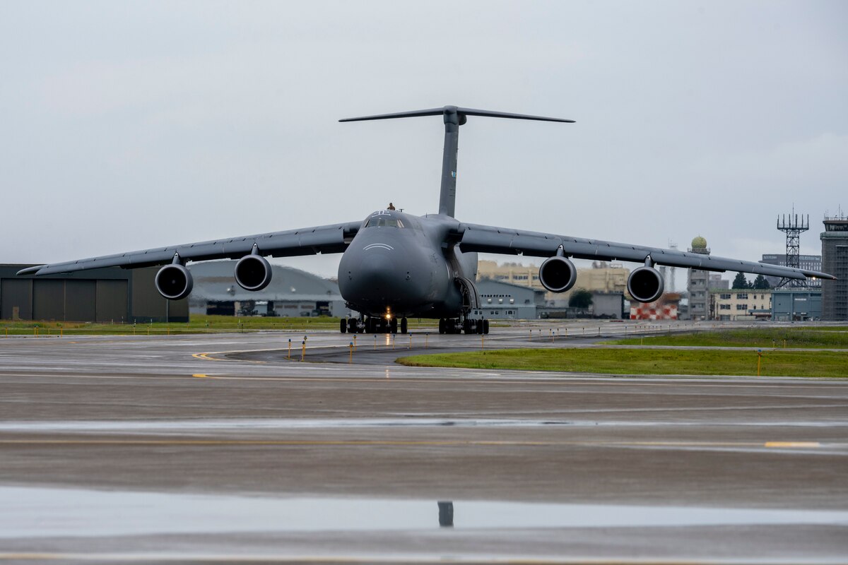 A U.S. Air Force C-5M Super Galaxy aircraft assigned to the 436th Airlift Wing taxis in during exercise Resolute Force Pacific (REFORPAC) 2025 at Misawa Air Base, Japan, July 16, 2025.