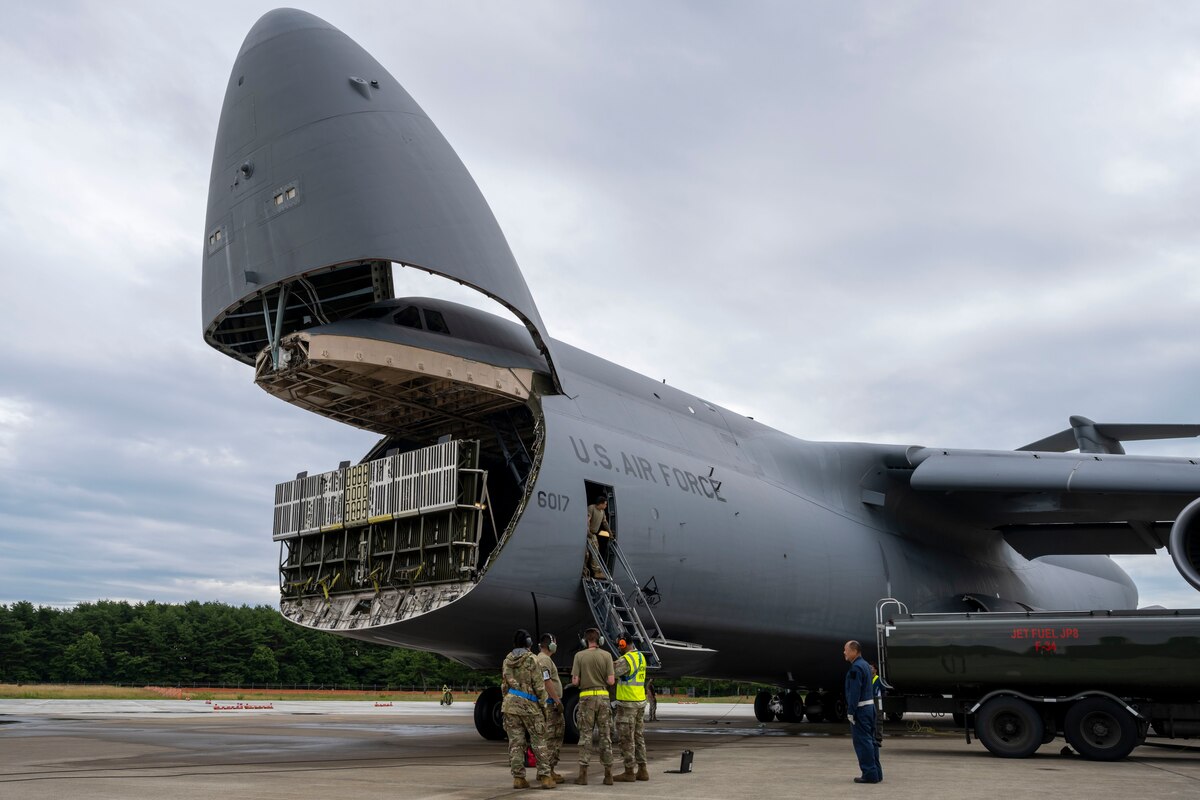 A U.S. Air Force C-5M Super Galaxy aircraft assigned to the 436th Airlift Wing prepares to unload cargo during exercise Resolute Force Pacific (REFORPAC) 2025 at Misawa Air Base, Japan, July 16, 2025