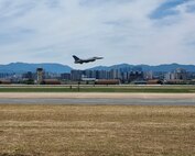 An F-16 Fighting Falcon aircraft assigned to the 8th Fighter Wing takes off at Daegu Air Base, Republic of Korea, June 11, 2025. This aircraft was flown to DAB by Col. Kathryn “Wolf” Gaetke, 8th FW commander, where Republic of Korea Air Force maintainers from the 38th Fighter Group serviced the aircraft. (U.S. Air Force courtesy photo.)