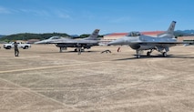 The U.S. Air Force and Republic of Korea Air Force participate in an F-16 Fighting Falcon aircraft cross-servicing effort at Daegu Air Base, Republic of Korea, June 11, 2025. The intent of this cross-servicing event was to develop and mature the capabilities of the two allies to recover, service and launch each other’s aircraft in support of combat air operations. (U.S. Air Force courtesy photo.)