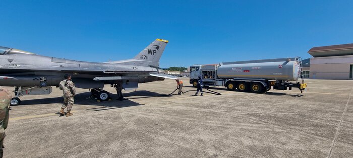 Members of the Republic of Korea Air Force refuel a U.S. Air Force F-16 Fighting Falcon aircraft during a cross-servicing interoperability event between the U.S. Air Force and ROKAF at Daegu Air Base, Republic of Korea, June 11, 2025. Col. Kathryn “Wolf” Gaetke, 8th FW commander, led a flight of two F-16 Fighting Falcon aircraft to DAB where ROKAF maintainers from the 38th Fighter Group received and serviced the aircraft. (U.S. Air Force courtesy photo.)