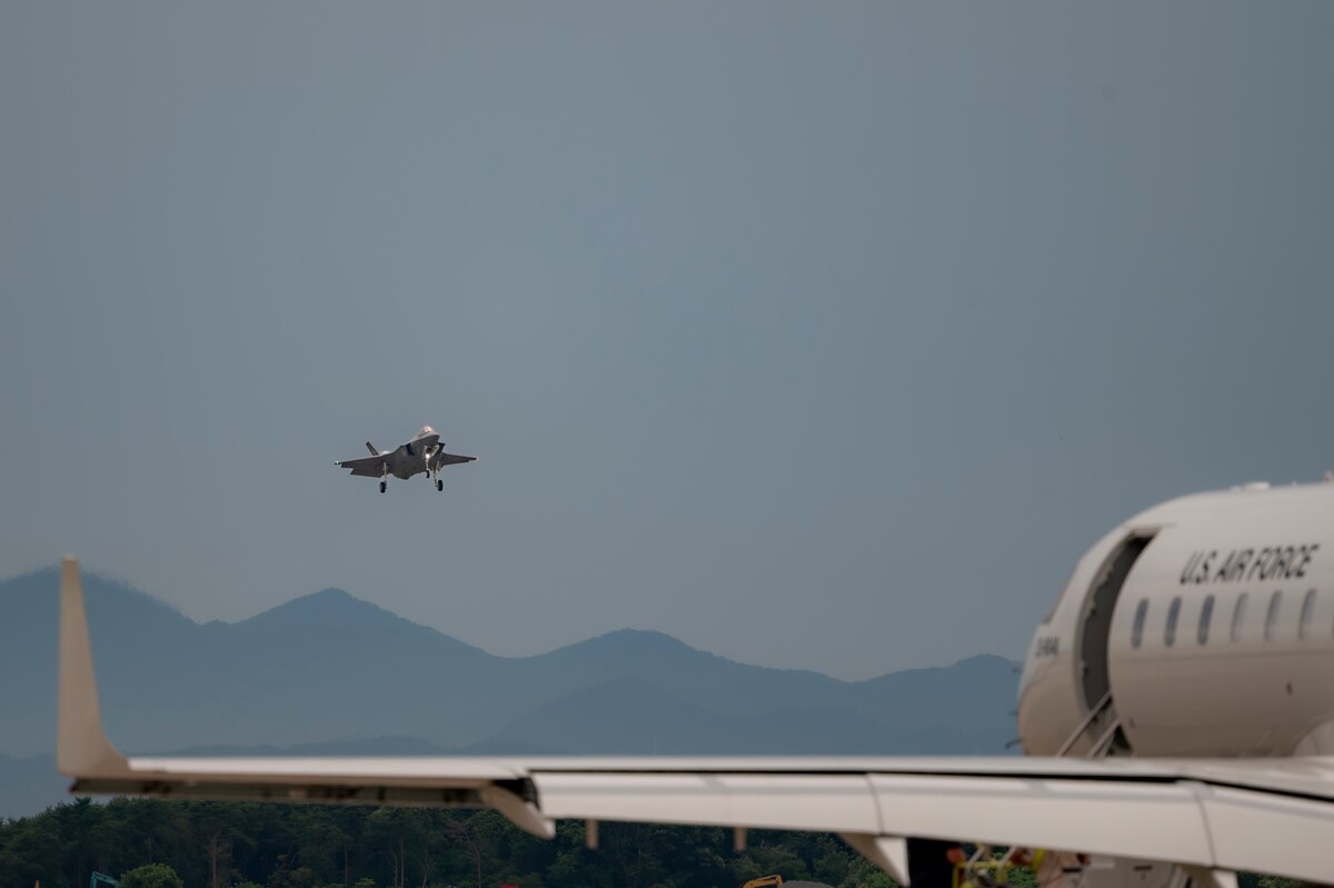 A U.S. Air Force F-35 Lighting II assigned to the 421st Fighter Squadron prepares to land during exercise Resolute Force Pacific (REFORPAC) 2025 at Misawa Air Base, Japan, July 15, 2025. REFORPAC validates Pacific Air Forces’ capacity to lead large-scale, multinational contingency operations with more than 12,000 personnel and 300 aircraft being mobilized. (U.S. Air Force photo by Senior Airman Brittany Russell)