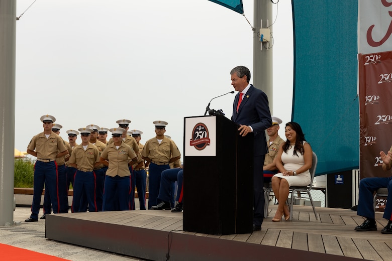 Brian Hopkins, the 2nd Ward Alderman of Chicago, delivers a speech during the closing ceremony at the Navy Pier for Marine Week Chicago, July 13, 2025. The closing ceremony signifies the end of the event and thanks the Chicago residents for collaborating with the U.S. Marine Corps.