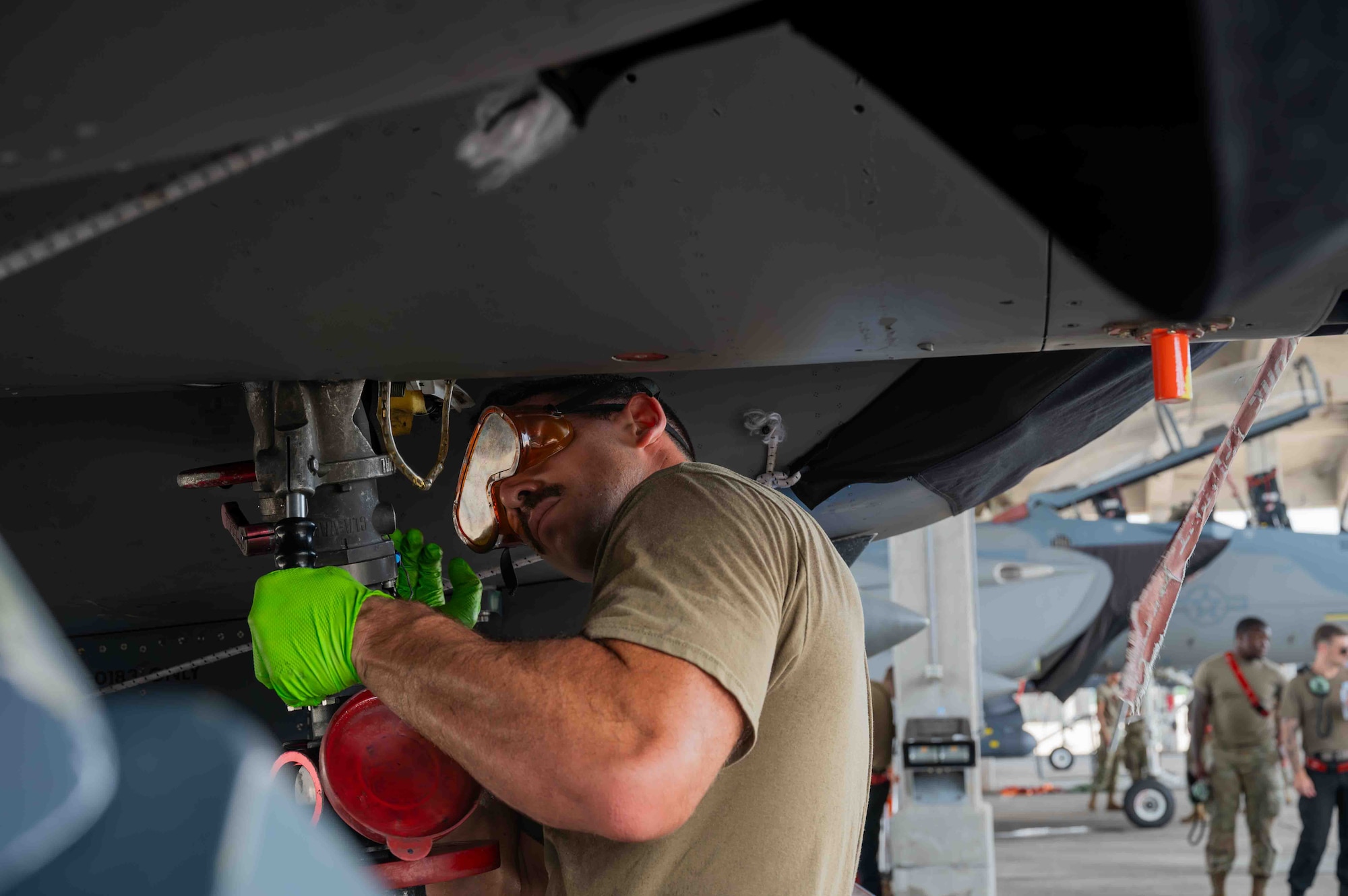 U.S. Air Force Senior Airman Mathew Lighter, assistant dedicated crew chief assigned to the 96th Aircraft Maintenance Squadron, Eglin Air Force Base, Florida, refuels an F-15EX Eagle II at Kadena Air Base, Japan, July 16, 2025.