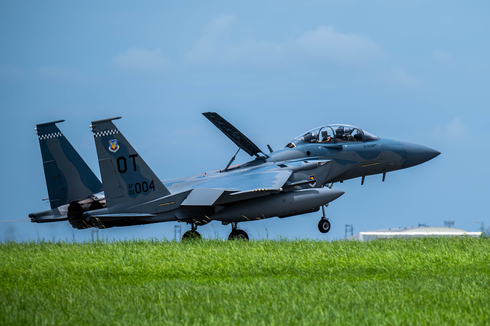 A U.S. Air Force F-15EX Eagle II, assigned to 85th Test and Evaluation Squadron, Eglin Air Force Base, Florida, lands at Kadena Air Base, Japan, July 16, 2025.