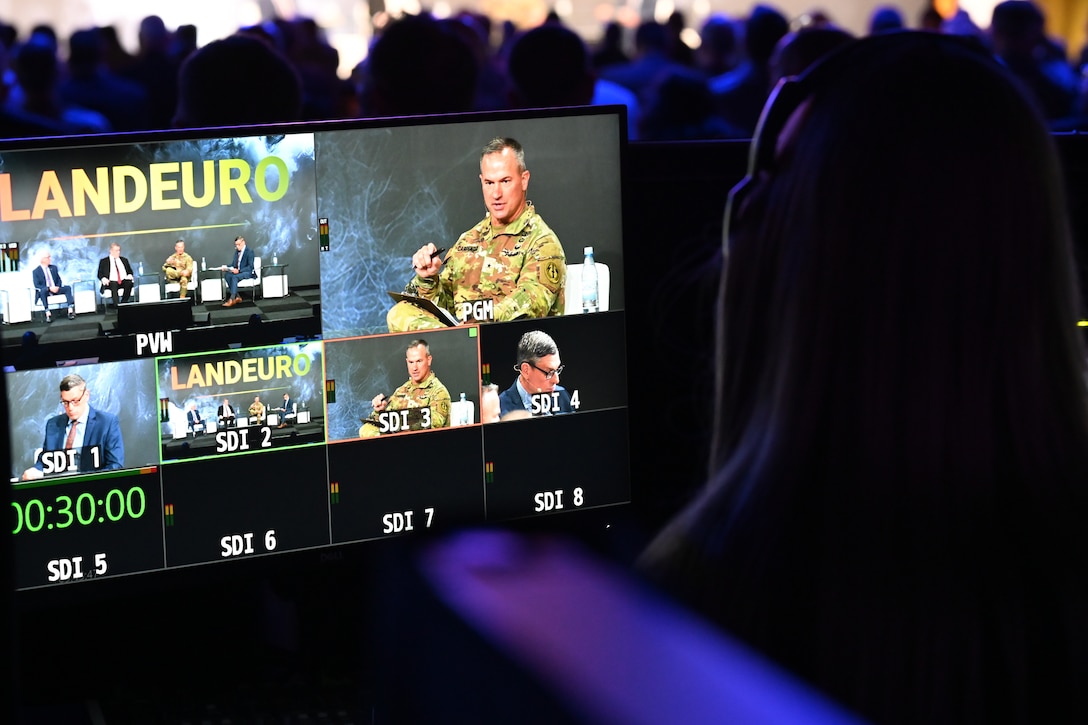 U.S. Army Brig. Gen. Steven P. Carpenter engages in panel discussion with other military and industry leaders during LANDEURO 2025 in Wiesbaden, Germany, July 17, 2025. The discussion highlighted collaboration, innovation, and future capabilities in land power operations. (U.S. Army photo by Staff Sgt. Rajheem Dixon/2nd Multi Domain Task Force)