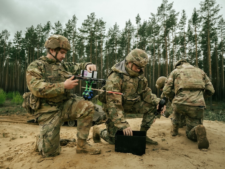 U.S. Army paratroopers assigned to the 173rd Airborne Brigade prepare to operate and detonate a live First Person View (FPV) drone at Pabradė Training Area, Lithuania, during a joint forcible entry operation as part of Swift Response 2025, May 18, 2025.