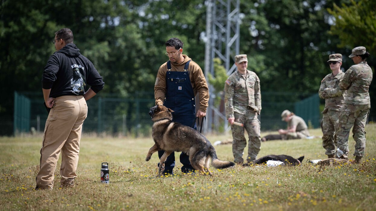 U.S. Air Force Staff Sgt. Josue Gonzalez-Rubio, 52nd Security Forces Squadron kennel master, and Axel, 52nd SFS military working dog, assist in training during a canine Tactical Combat Casualty Care simulation training at Spangdahlem Air Base, Germany, July 16, 2025. The training equips Airmen with essential skills to provide medical care to injured military working dogs in combat and contingency environments. (U.S. Air Force photo by Senior Airman Darius Frazier)