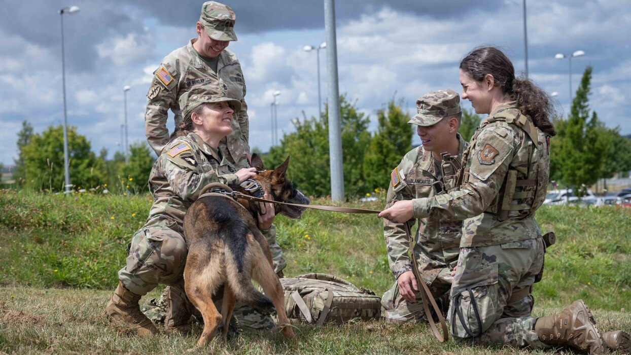 U.S. Army Col. Anastasia McKay, left, Public Health Command Europe Commander, speaks with U.S. Air Force SrA Jaidyn Beyer, 52nd Security Forces Squadron military working dog handler, during canine Tactical Combat Casualty Care simulation training at Spangdahlem Air Base, Germany, July 16, 2025. The training led by U.S. Army experts, underscores the importance of joint service partnerships in enhancing mission readiness and K-9 medical care capabilities. (U.S. Air Force photo by Senior Airman Darius Frazier)