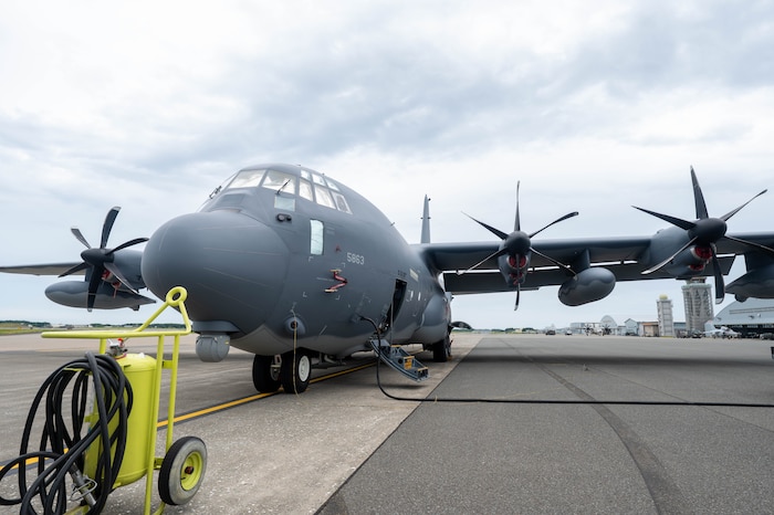 A U.S. Air Force HC-130J Combat King II assigned to 102nd Rescue Squadron is used for a cross-unit static display and capability exchange during exercise Resolute Force Pacific (REFORPAC) 2025 at Misawa Air Base, July 15, 2025.