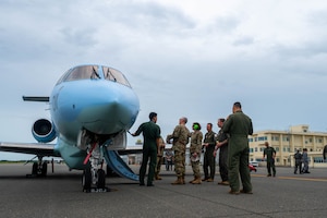 U.S. Air Force Airmen assigned to the 102nd and 130th Rescue Squadrons are shown a Japan Air Self-Defense Force Air Rescue Wing U-125A search-and-rescue coordination aircraft for a cross-unit static display and capability exchange during exercise Resolute Force Pacific (REFORPAC) at Misawa Air Base, July 15, 2025.