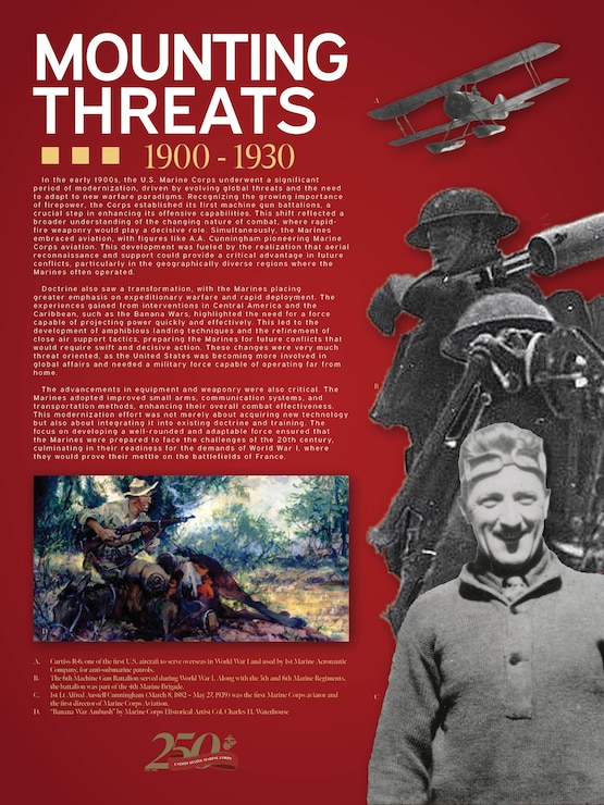 A poster designed to communicate the history of Marine Corps modernization between the years 1900 to 1930, created on MCB Quantico, VA, April 14, 2025. The Marine Corps has a long history of threat-oriented adaptation that has made it the lethal and mobile amphibious force it is today.