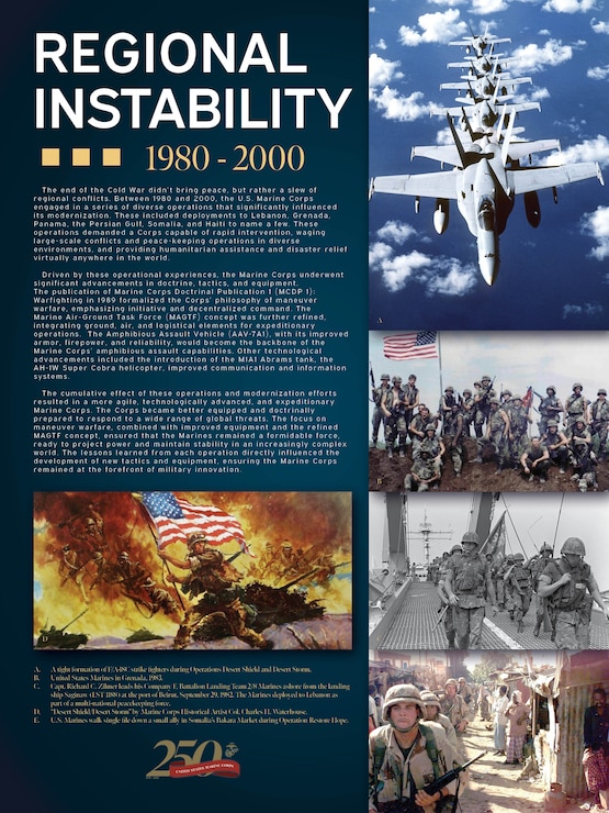 A poster designed to communicate the history of Marine Corps modernization between the years 1980 to 2000, created on MCB Quantico, VA, April 14, 2025. The Marine Corps has a long history of threat-oriented adaptation that has made it the lethal and mobile amphibious force it is today.
