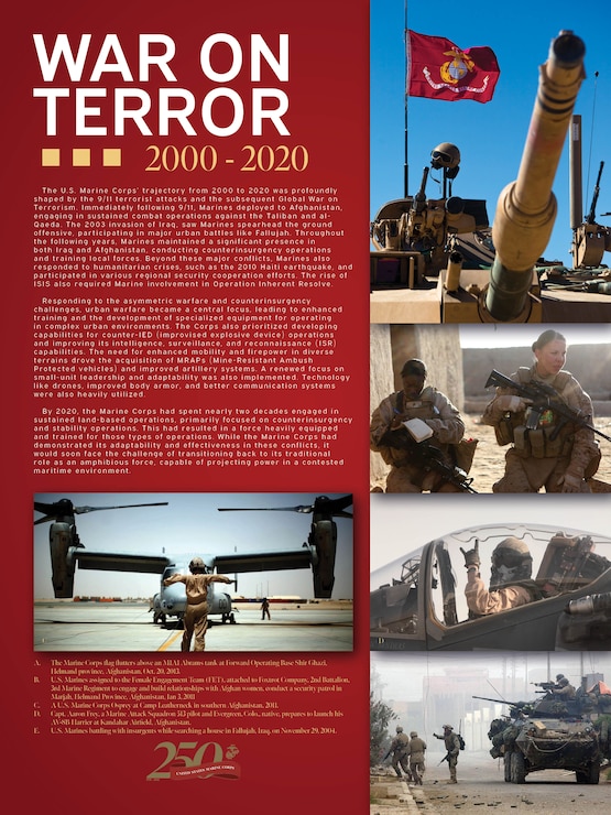 A poster designed to communicate the history of Marine Corps modernization between the years 2000 to 2020, created on MCB Quantico, VA, April 14, 2025. The Marine Corps has a long history of threat-oriented adaptation that has made it the lethal and mobile amphibious force it is today.