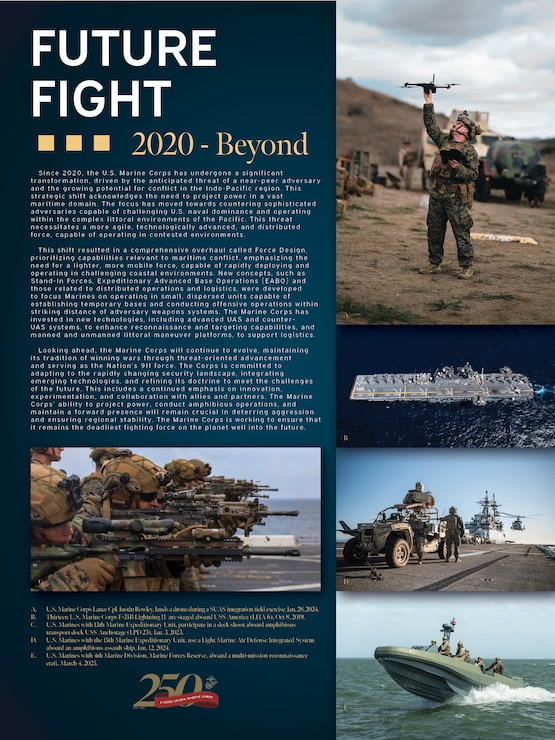 A poster designed to communicate the history of Marine Corps modernization from 2020 and into the future, created on MCB Quantico, VA, April 14, 2025. The Marine Corps has a long history of threat-oriented adaptation that has made it the lethal and mobile amphibious force it is today.