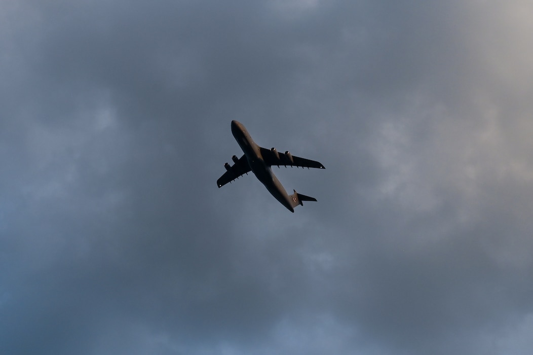 A 433rd Airlift Wing C-5M Super Galaxy soars over Toyota Field during the first flyover by a military aircraft at a San Antonio FC soccer match in San Antonio, Texas, July 12, 2025.