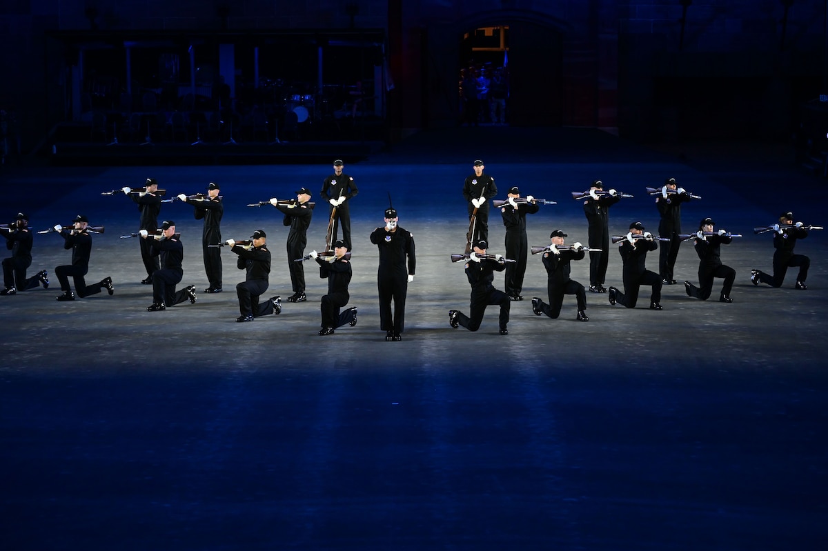 The U.S. Air Force Honor Guard’s Drill Team rehearses for the 2025 Basel Tattoo in Basel, Switzerland, July 9, 2025. The team represented the Air Force and the Department of Defense as the only U.S. military branch to perform at the world’s second largest tattoo, showcasing precise maneuvers and demonstrating the Air Force’s focus on readiness. (U.S. Air Force photo by Airman 1st Class Geneva Nguyen)