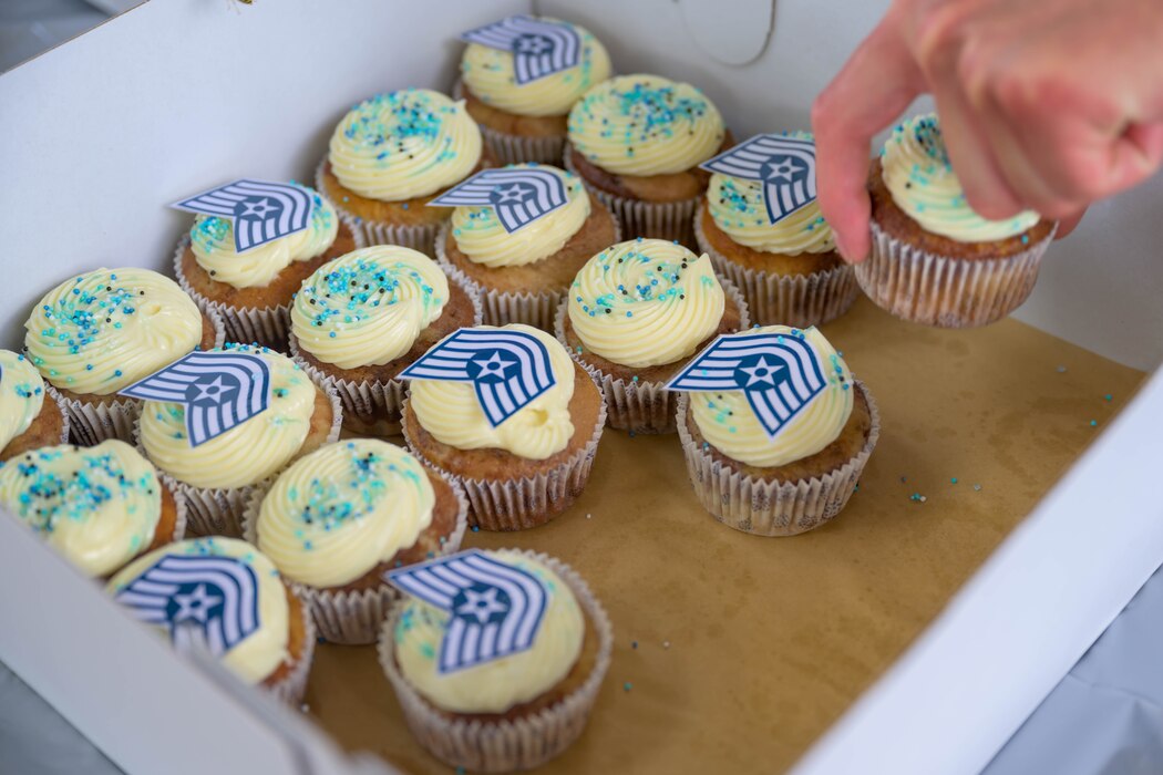 A person takes a decorated cupcake out of a box full of other cupcakes.