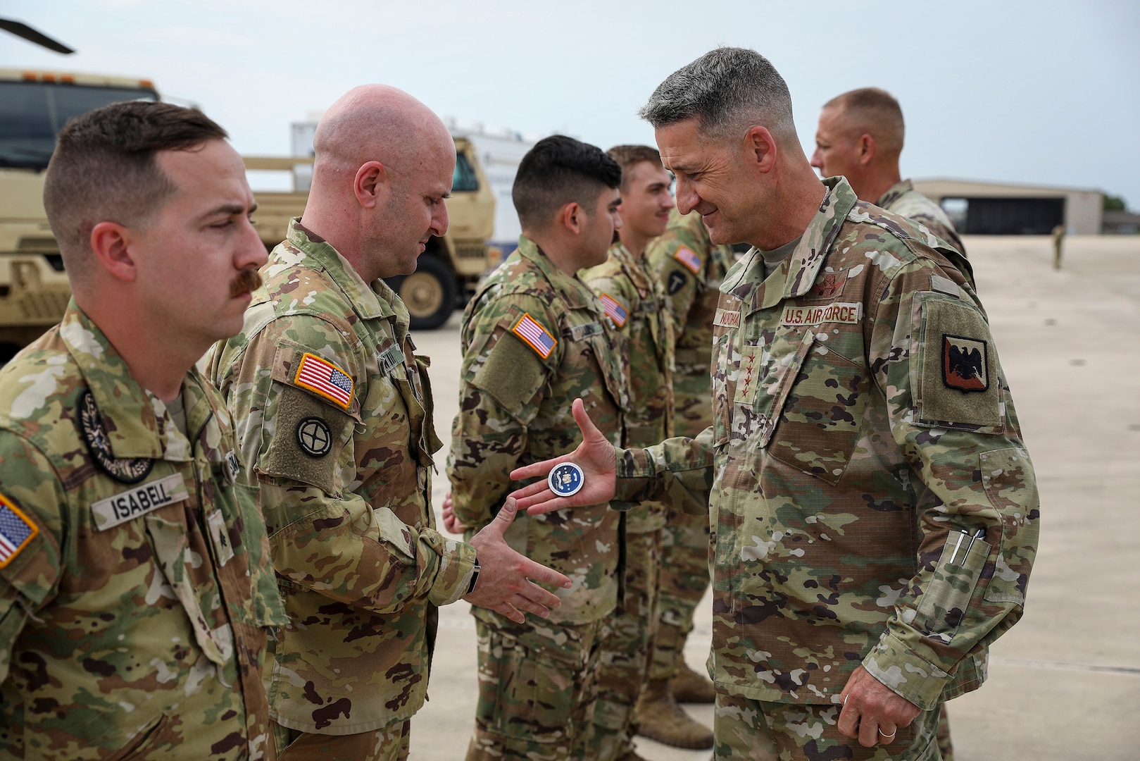 Air Force Gen. Steve Nordhaus, 30th Chief of the National Guard Bureau, and Senior Enlisted Advisor John Raines, SEA to the CNGB, join Texas Gov. Greg Abbott and Air Force Maj. Gen. Thomas Suelzer, the adjutant general of Texas, for an aerial assessment of flood-affected areas in Central Texas and to visit Guardsmen on duty supporting civil authorities with response efforts, Kerrville, Texas, July 15, 2025.