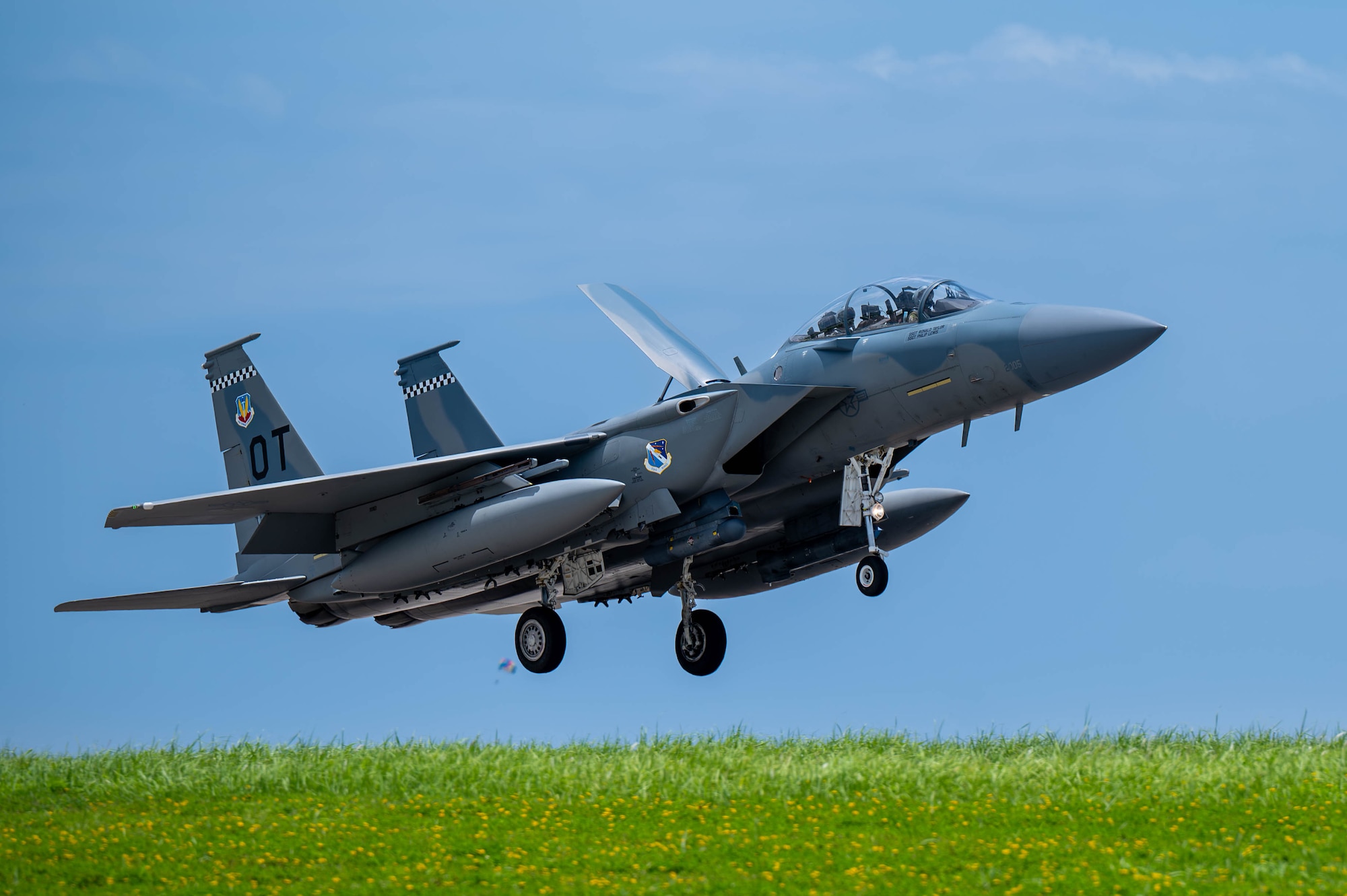 A U.S. Air Force F-15EX Eagle II, assigned to 85th Test and Evaluation Squadron, Eglin Air Force Base, Florida, lands at Kadena Air Base, Japan, July 16, 2025.