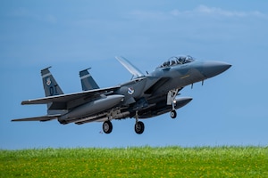 A U.S. Air Force F-15EX Eagle II, assigned to 85th Test and Evaluation Squadron, Eglin Air Force Base, Florida, lands at Kadena Air Base, Japan, July 16, 2025.