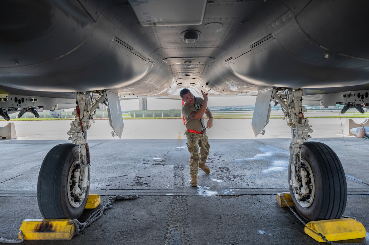 U.S. Air Force Staff Sgt. Conner Geyer, propulsion craftsman assigned to the 96th Aircraft Maintenance Squadron, Eglin Air Force Base, Florida, conducts post flight checks on an F-15EX Eagle II at Kadena Air Base, Japan, July 16, 2025.