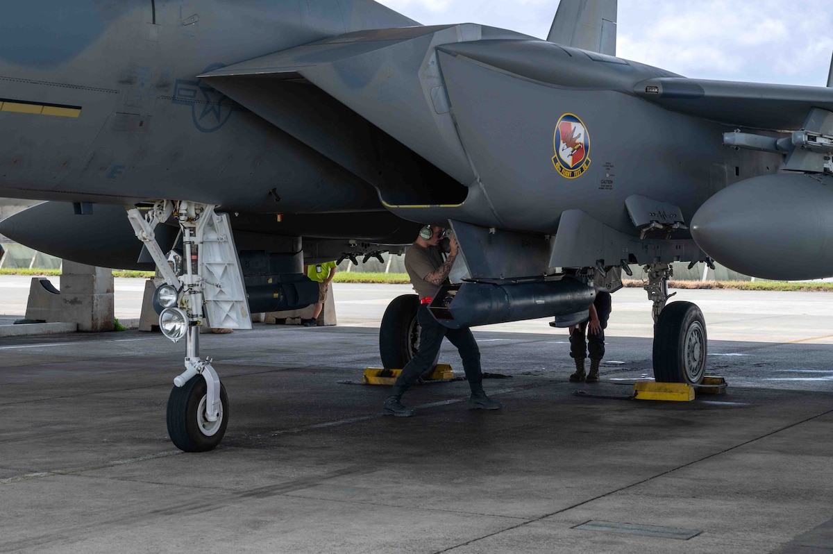 U.S. Air Force Staff Sgt. Paul McManus, 96th Aircraft Maintenance Squadron dedicated crew chief, conducts post flight checks on an F-15EX Eagle II assigned to the 85th Test and Evaluation Squadron, Eglin Air Force Base, Florida, at Kadena Air Base, Japan, July 16, 2025.